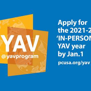 YAV logo that says: Apply for the 2021 to 2022 in-person YAV year by January 1