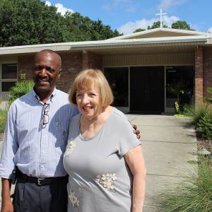 The Rev. Dr. Donnie R Woods, executive presbyter for Charleston Atlantic Presbytery and Sue Mathews, elder at Harborview Presbyterian Church in Charleston, continue to work to help families recover from October 2015 flooding. (Photo by Rick Jones)