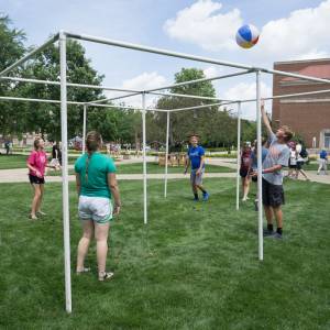 Overhead 'four square' is played Monday afternoon on Purdue University's Memorial Mall. (Photo by Gregg Brekke)