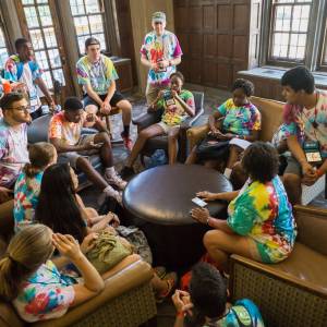 A small group gathers for discussion in Purdue's Memorial Union during the 2016 Presbyterian Youth Triennium. (Photo by Gregg Brekke)