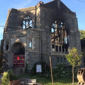 The charred shell of Good Shepherd Presbyterian Church in Philadelphia following an early Monday morning fire. (Photo by Greg Klimovitz)