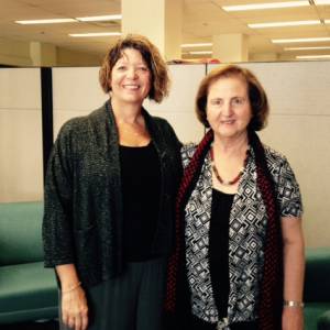 The Rev. Dr. Laurie Kraus, director of Presbyterian Disaster Assistance, recently hosted Dr. Mary Mikhael at the Presbyterian Mission Agency offices in Louisville. (Photo by Rick Jones)