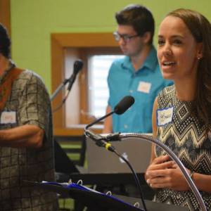 During her 1001 new worshiping communities apprenticeship, Grace Hellweg (right) participates in worship at Second Presbyterian Church in Carlisle, Pennsylvania. Photo by Christian Payne