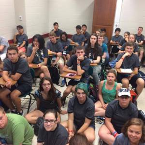 Teenagers attending the recent Youth Triennium crowded into a classroom to discuss environmental and racial justice issues. (Photo by Jennifer Evans)