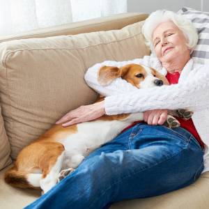 white haired senior woman sleeping on couch hugging her dog enjoying afternoon nap at home