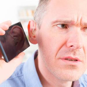 Man with a hearing disability struggles to make out the audio of a church session on his mobile phone.