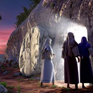 3 women standing at the bright empty tomb of Jesus Christ early Sunday morning, with Golgotha in the background.