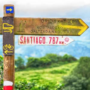 Sign post pointing to Camino de Santiago