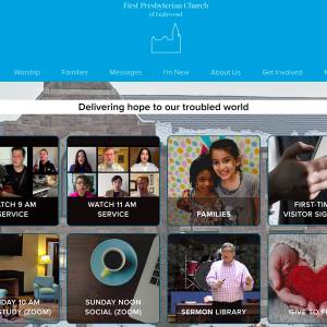 Screen shot of the First Presbyterian Church of Englewood’s homepage showing 8 clickable “tiles” for online worship, Bible study, social hour and other ministries.