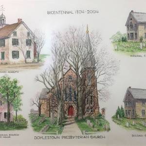 Postcard showing several sketches of Doylestown Presbyterian Church through the years