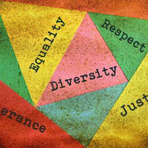 Graphic with color triangles that say tolerance, equality, diversity, respect, justice