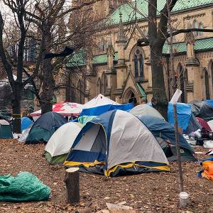 Tents outside a church