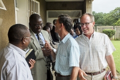 Dustin enjoys fellowship with Justo Mwale University faculty members Dr. Soko, Dr. Edwin Zulu, and Dr. Wynand Retief (Photo by Johanneke Kroesbergen)