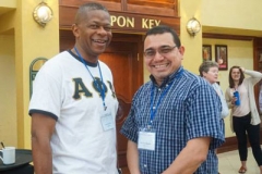 Conference attendees Jerry Cannon of Charlotte, N.C, and Alfredo Delgado of Placentia, Calif., visit during a break. (Photo by Emily Enders Odom)