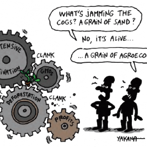 Drawing of plant growing with the cogs of industrial food system