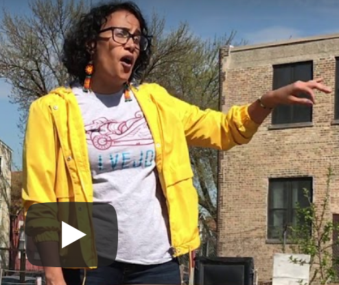 Vivi Moreno explains community garden