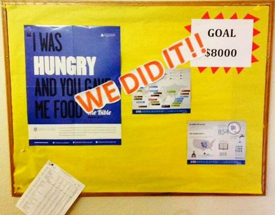 Bulletin Board at Southminster Presbyterian Church proclaims meeting $8000 goal