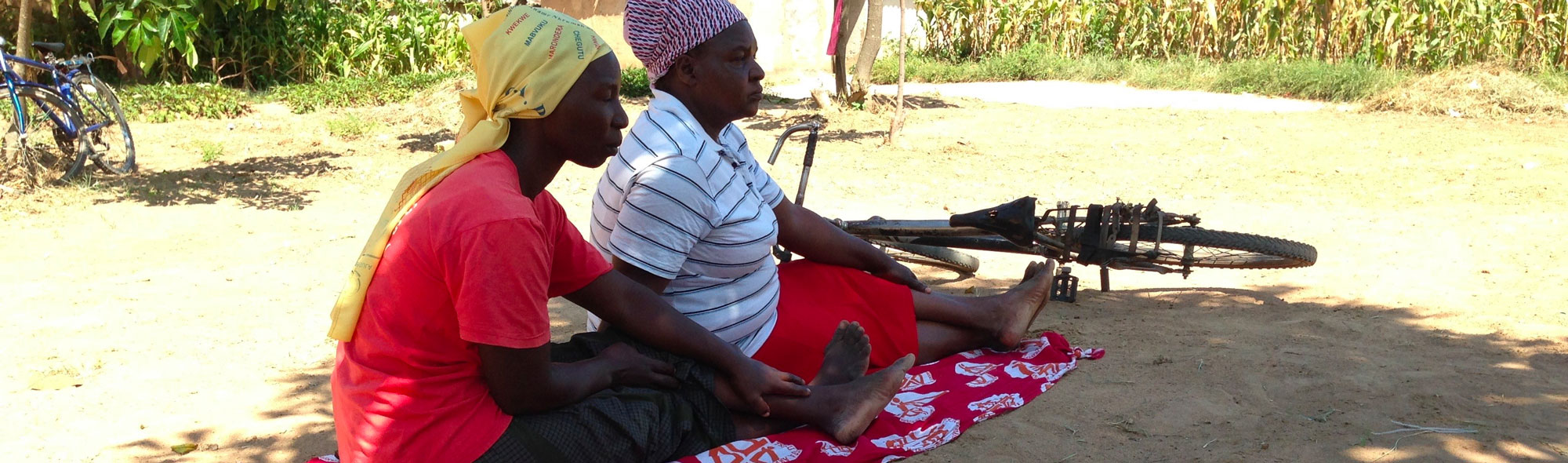 Zimbabwe banner - two local women seated in a shady area with their bicycles